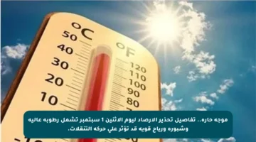 موجة حارة.. تفاصيل تحذير الأرصاد ليوم الإثنين 1 سبتمبر تشمل رطوبة عالية وشبورة ورياح قوية قد تؤثر على حركة التنقلات.